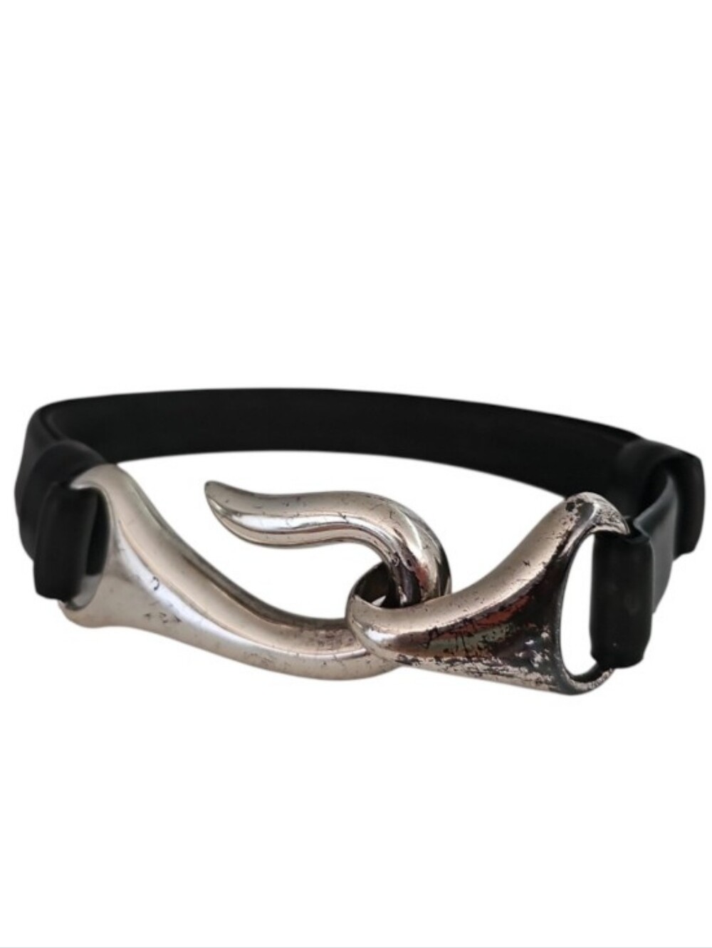 Vintage Black Leather Belt Silver Hook Buckle Adjustable Avant Garde Y2K